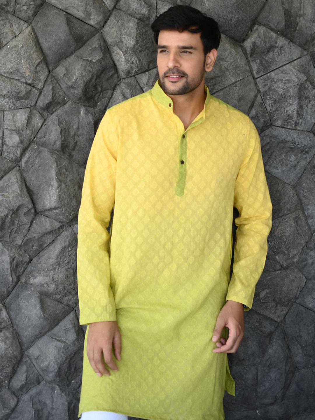 Style Matters Geometric Printed Band Collar Long Sleeves Pure Cotton Straight Kurta