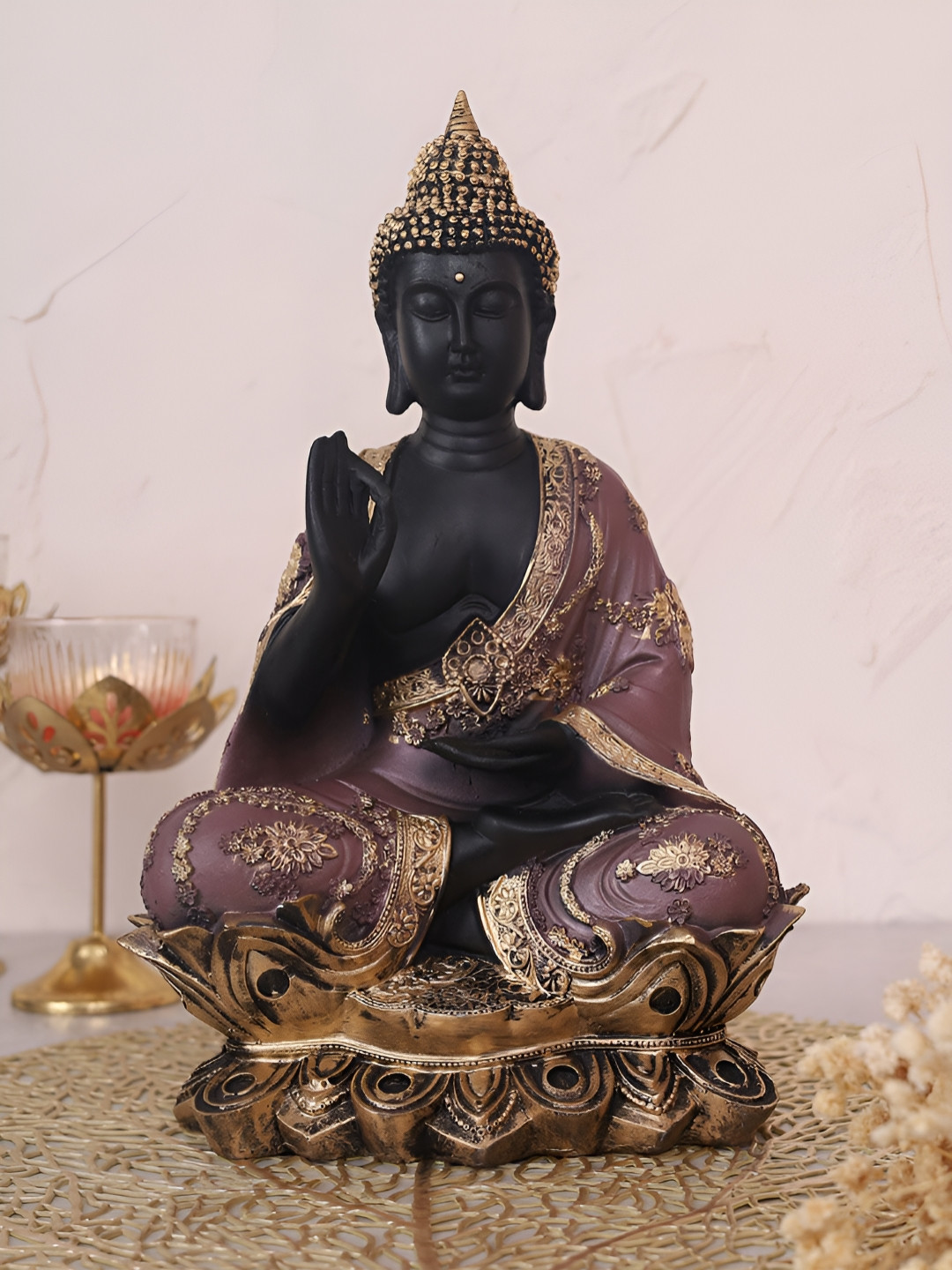 HOME 360 Serenity Lotus Buddha Black Polyresin Matte Living Room Tiny Showpiece - 9.8 Inches