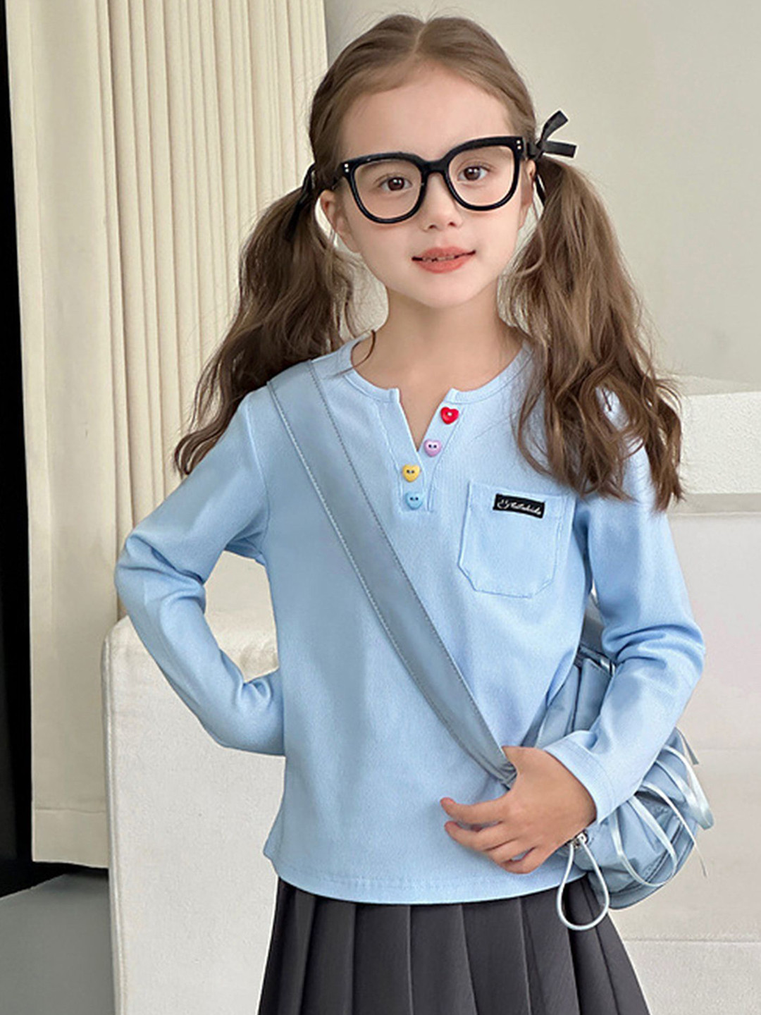 LULU & SKY Girls Striped Henley Neck Extended Sleeves Indigo Pockets T-shirt