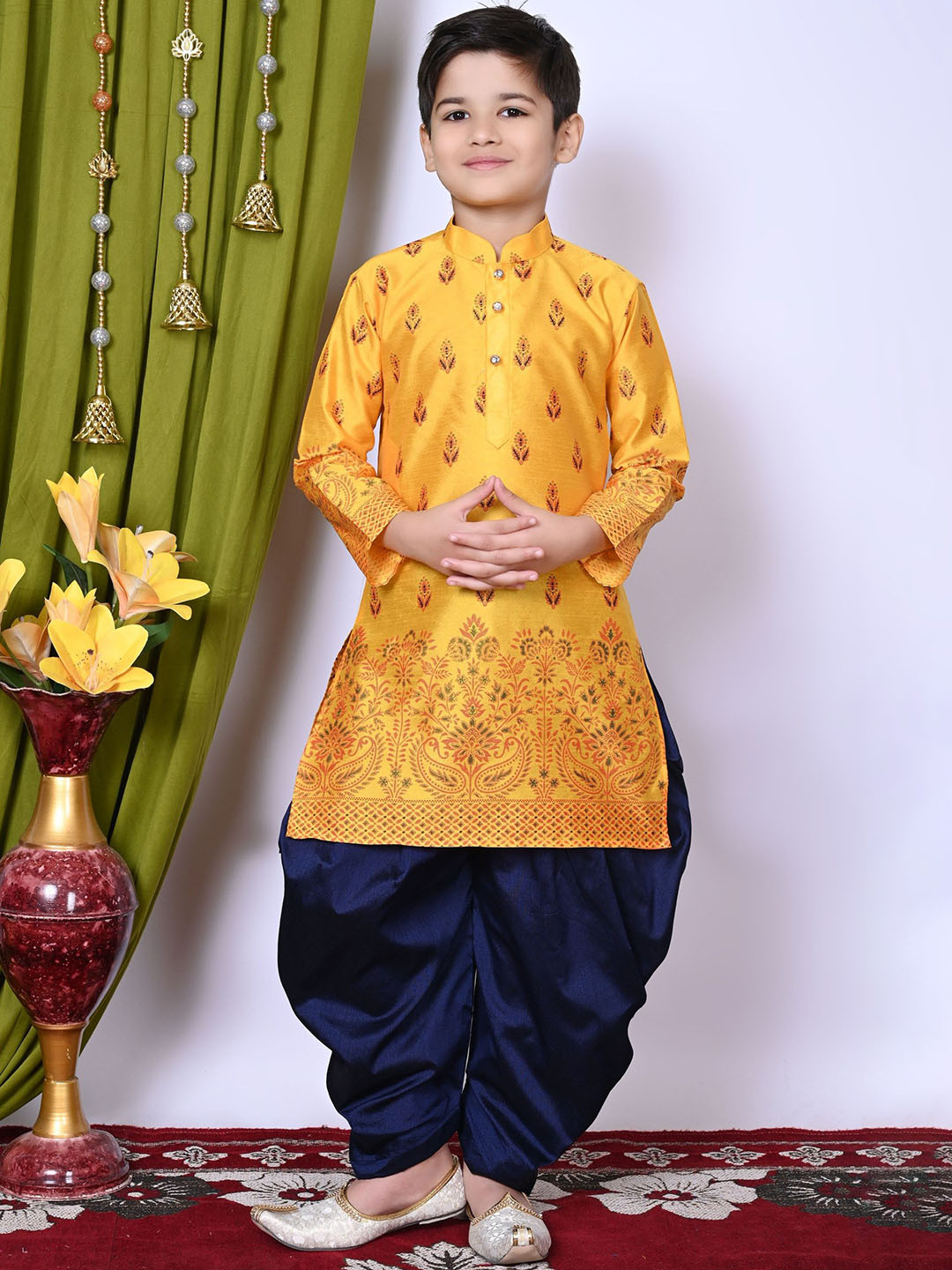 Cae Boys Floral Printed Regular Dupion Silk Kurta with Patiala