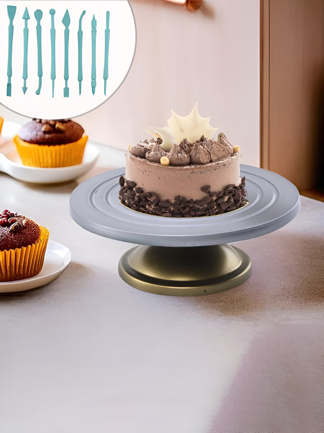 Kuber Industries Silver-Toned Plastic 360deg Smooth Rotating Cake Cutting Cake Stand