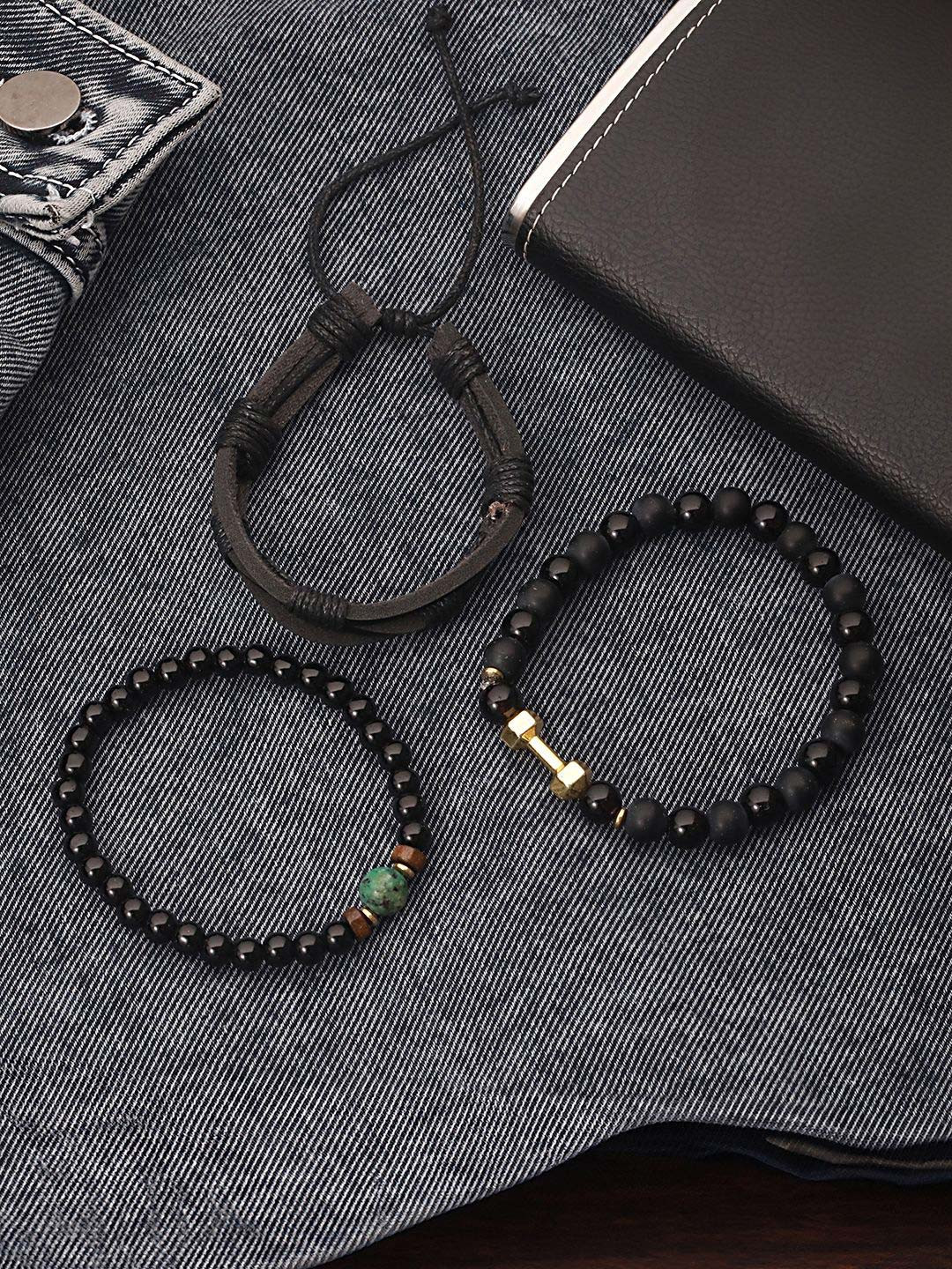 The Roadster Lifestyle Men Set of 3 Beads Elasticated & Leather Bracelet