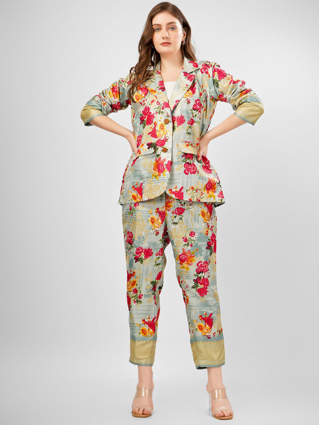 SUNFAIRY Floral Printed Silk Shirt Collar Neck Coat With Trousers Co-Ords