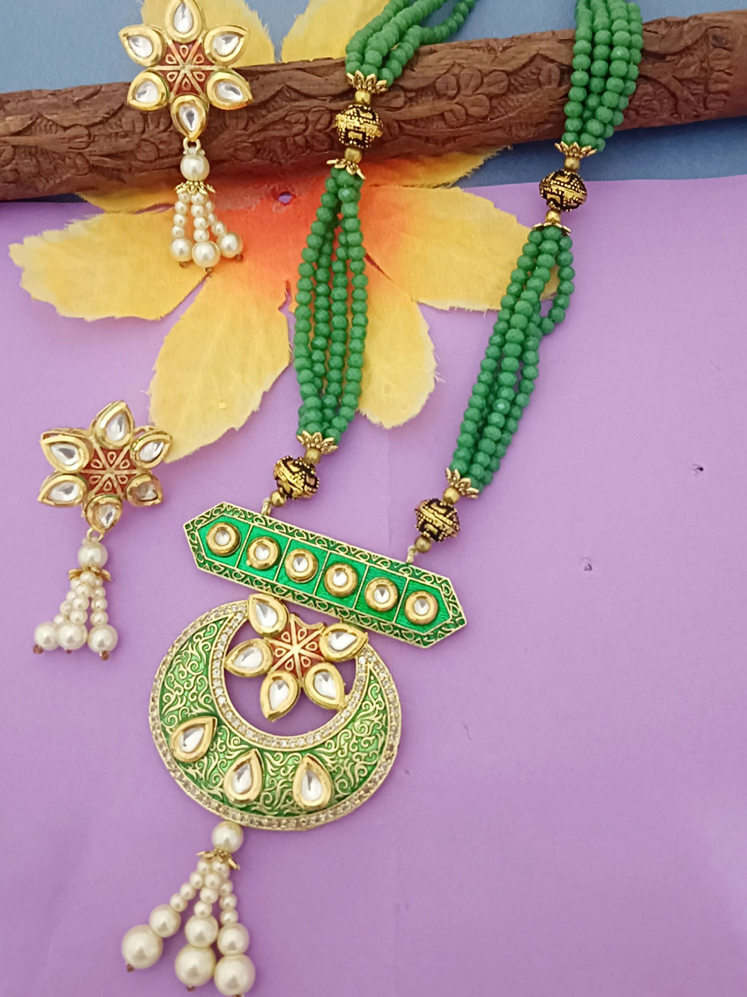 EVY Gold-Plated Kundan studded Meena Pachi Exclusive Jewellery Set