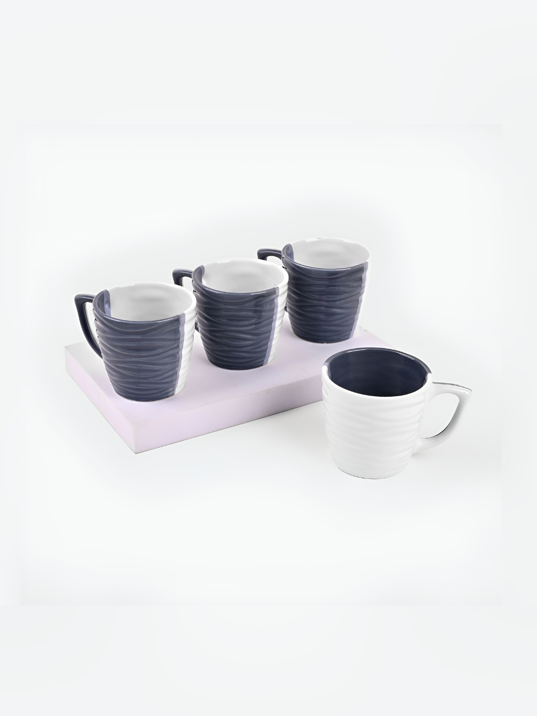 Storepedia Happy Anniversary Mumma Papa Grey Striped Ceramic Microwave Safe 4 Piece Cups-300ml