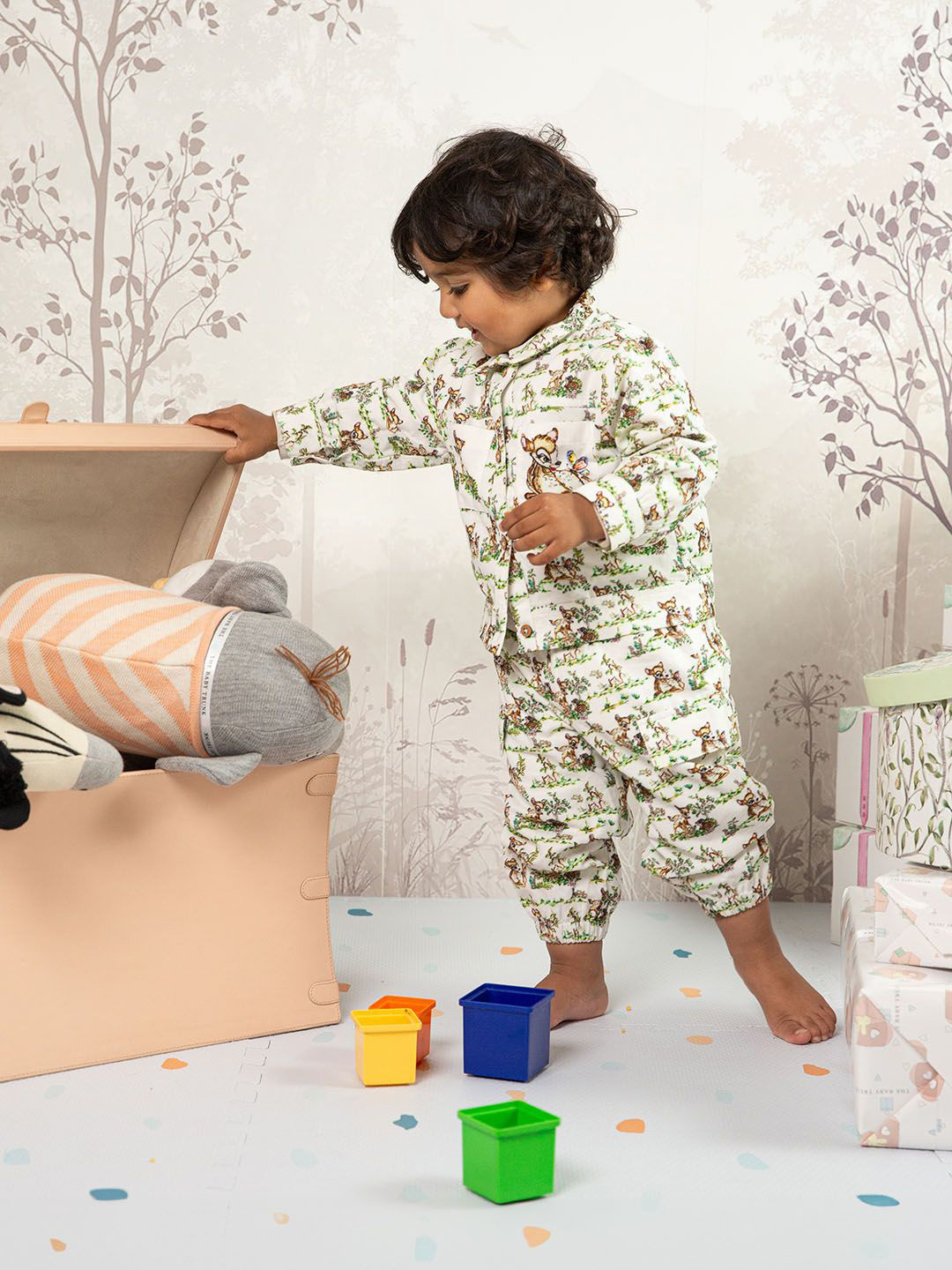 THE BABY TRUNK White Printed Corduroy Full Sleeve Clothing Set