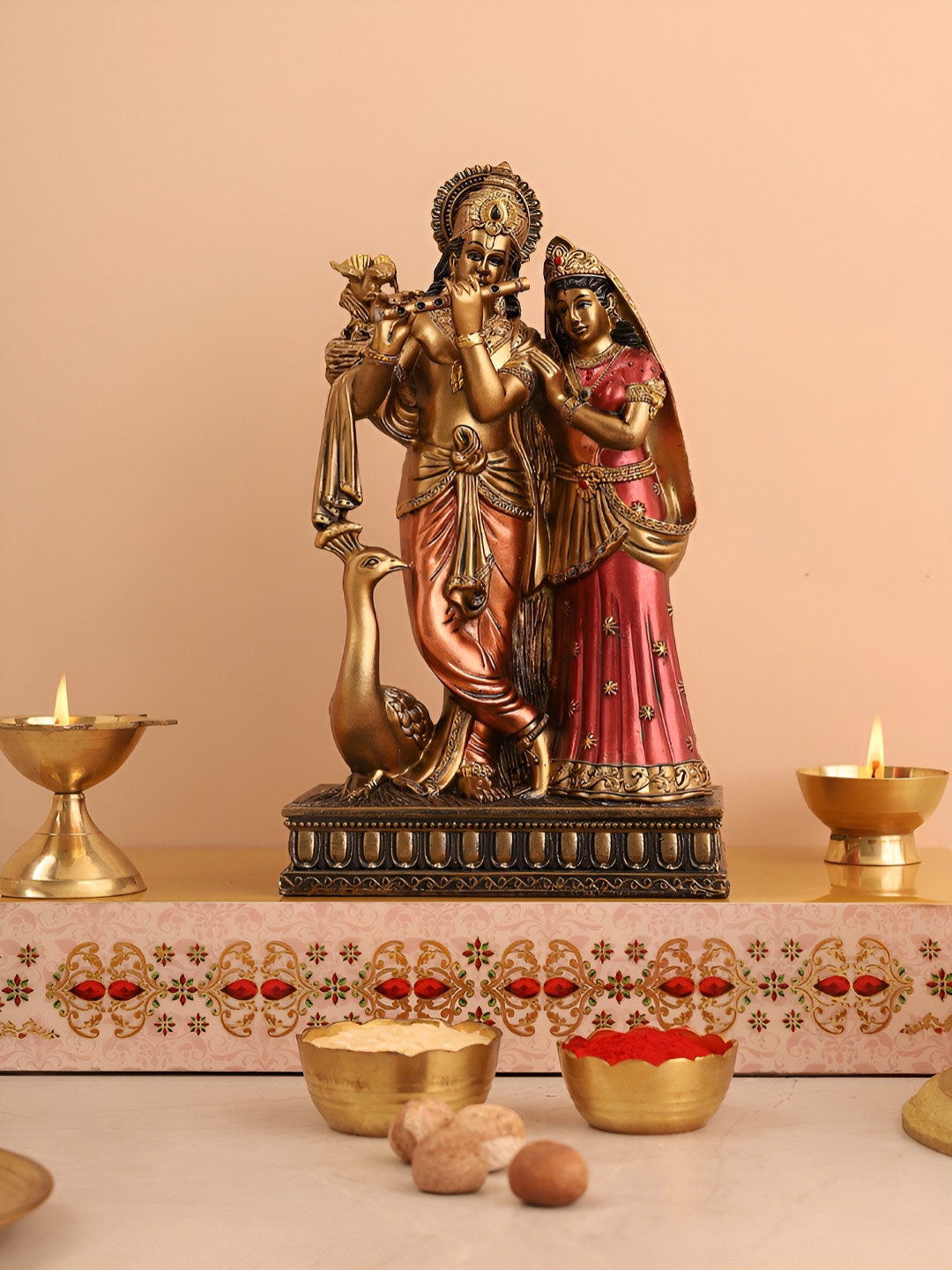 HOME 360 Radha and Krishna Gold Polyresin Natural Prayer Room Small Showpiece - 9.1 Inches