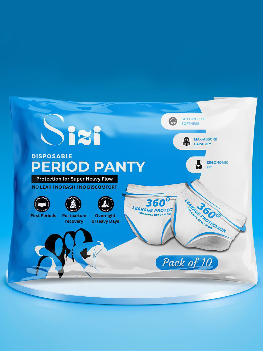 Sizi Disposable Leak Proof Overnight Protection Cotton Period Panty - 10 Pieces