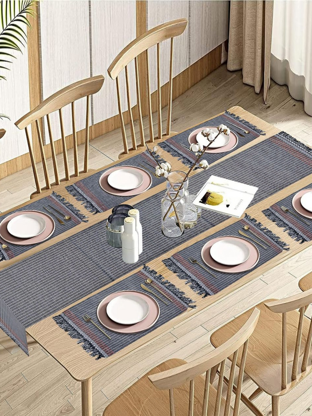 PRAKARTIK 7 Pieces Black & White Ribbed Cotton Table Linen Sets