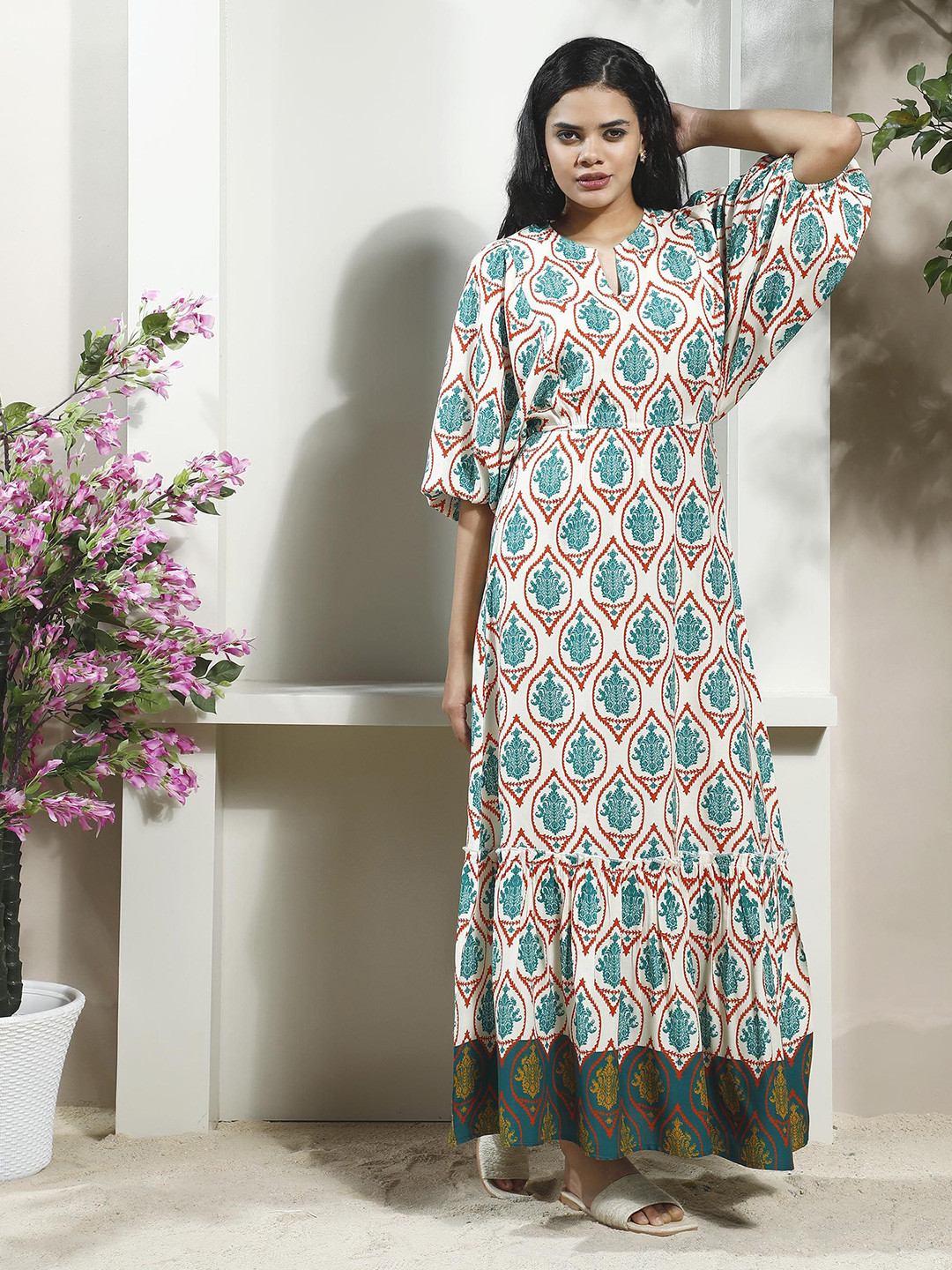 Boho By Athena Ethnic Motifs Print Flutter Sleeve Ruffled Fit & Flare Maxi Dress