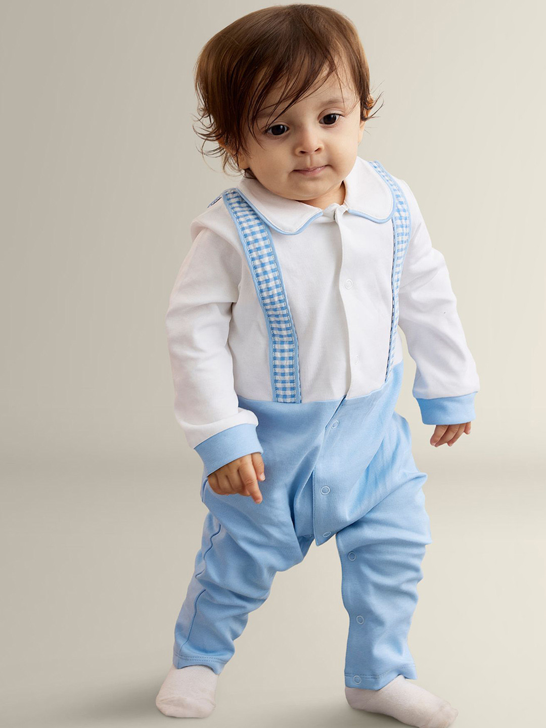 My Milestones Infant Boys Checked Pure Cotton Long Sleeves Romper With Gingham Straps