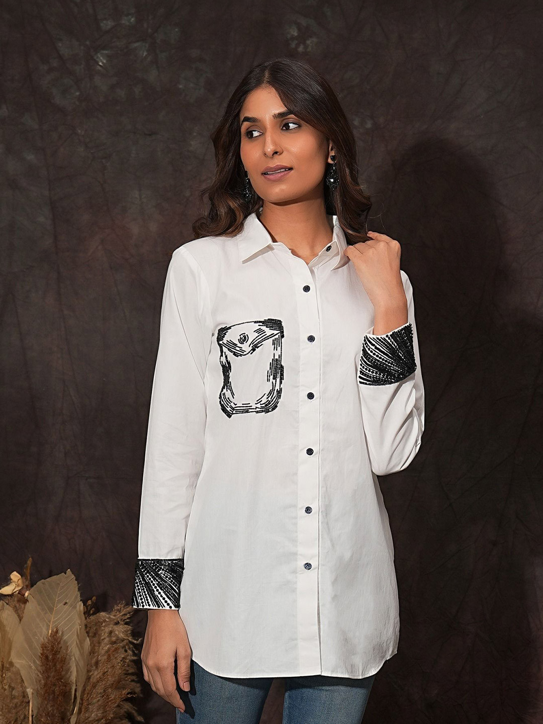 Golden Mirror Embroidered Pocket Detail Cotton Shirt