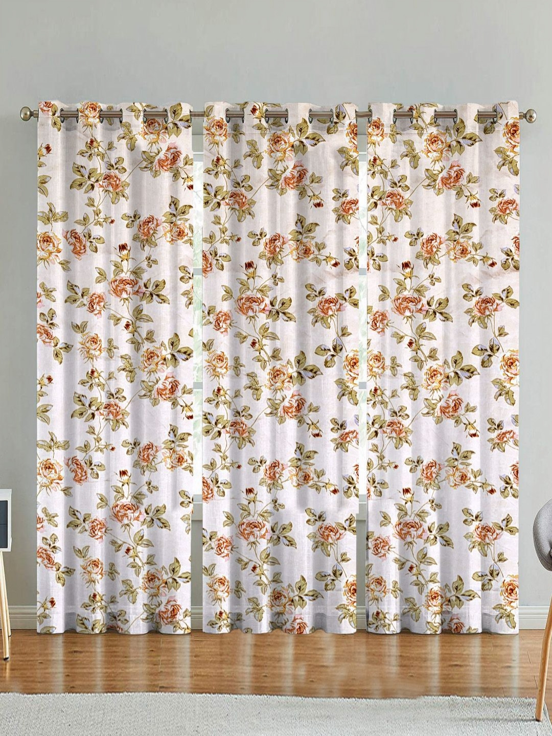 ANA Beige & Green Set of 3 Floral Room Darkening Long Door Curtain