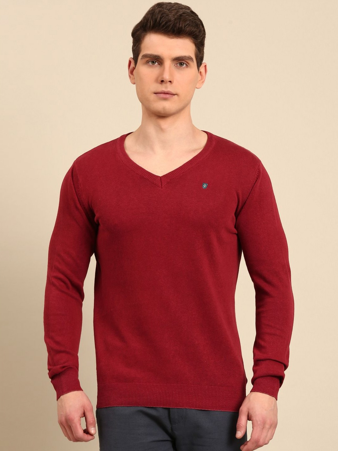 Linen Club Men V-Neck Linen Blend Applique Slim Fit T-shirt