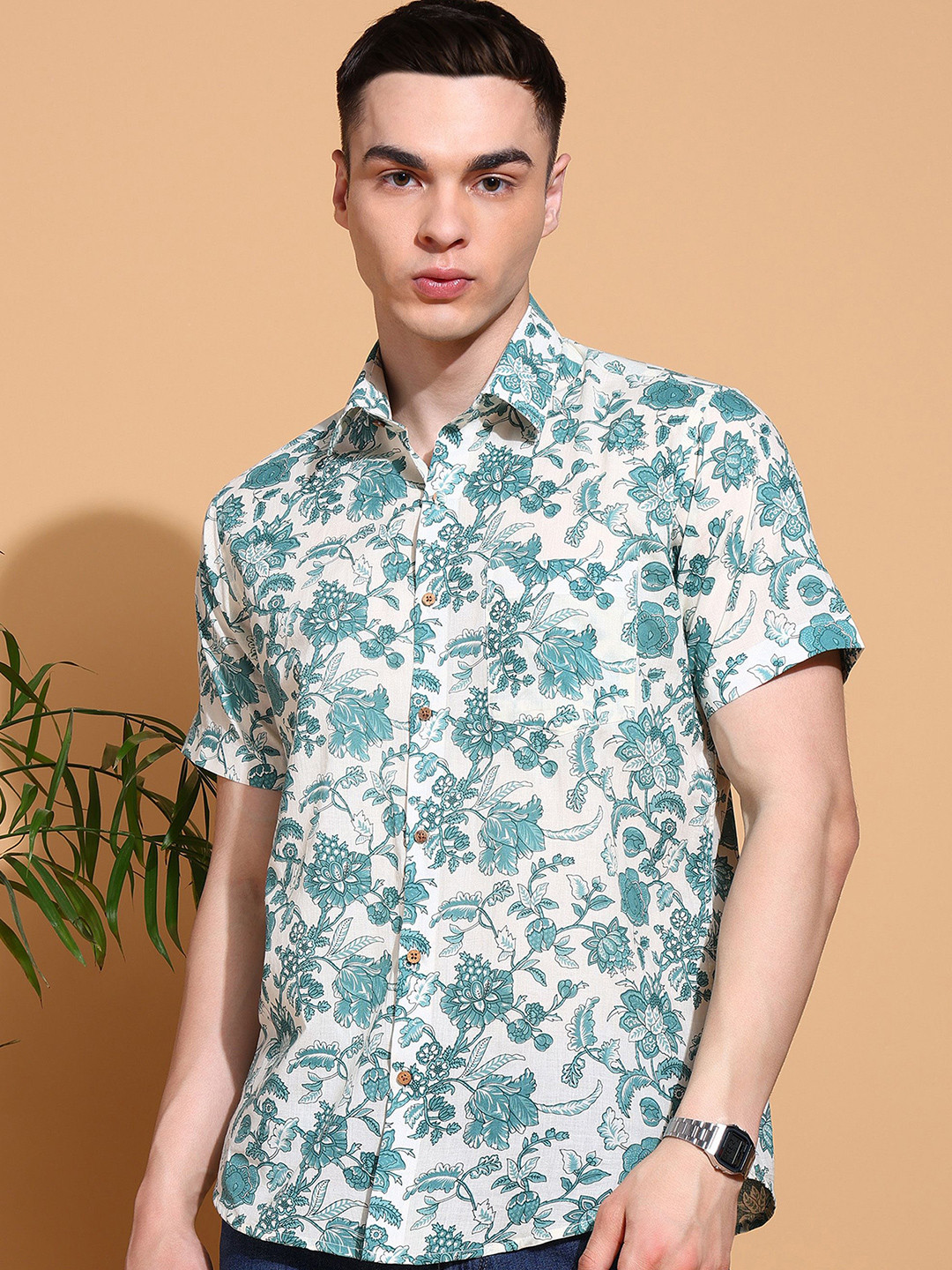 Cream Floral Regular Fit Casual Shirt