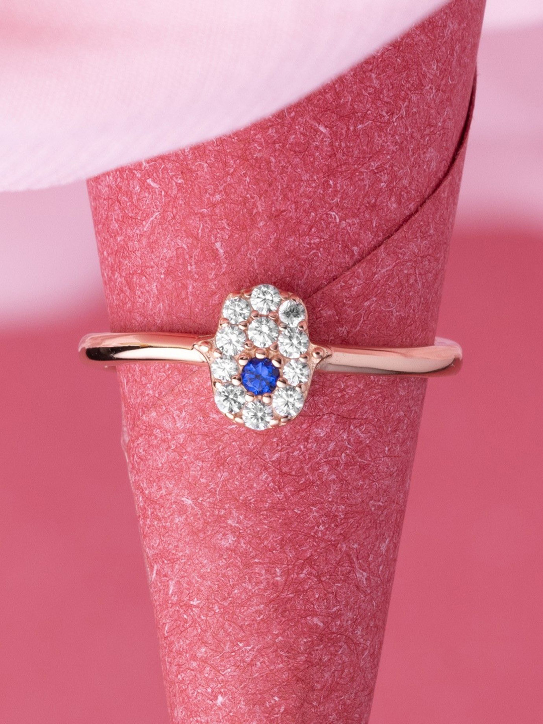 LIORA 925 Silver Jewellery Sterling Silver Rosegold Plated Hamsa Adjustable Ring