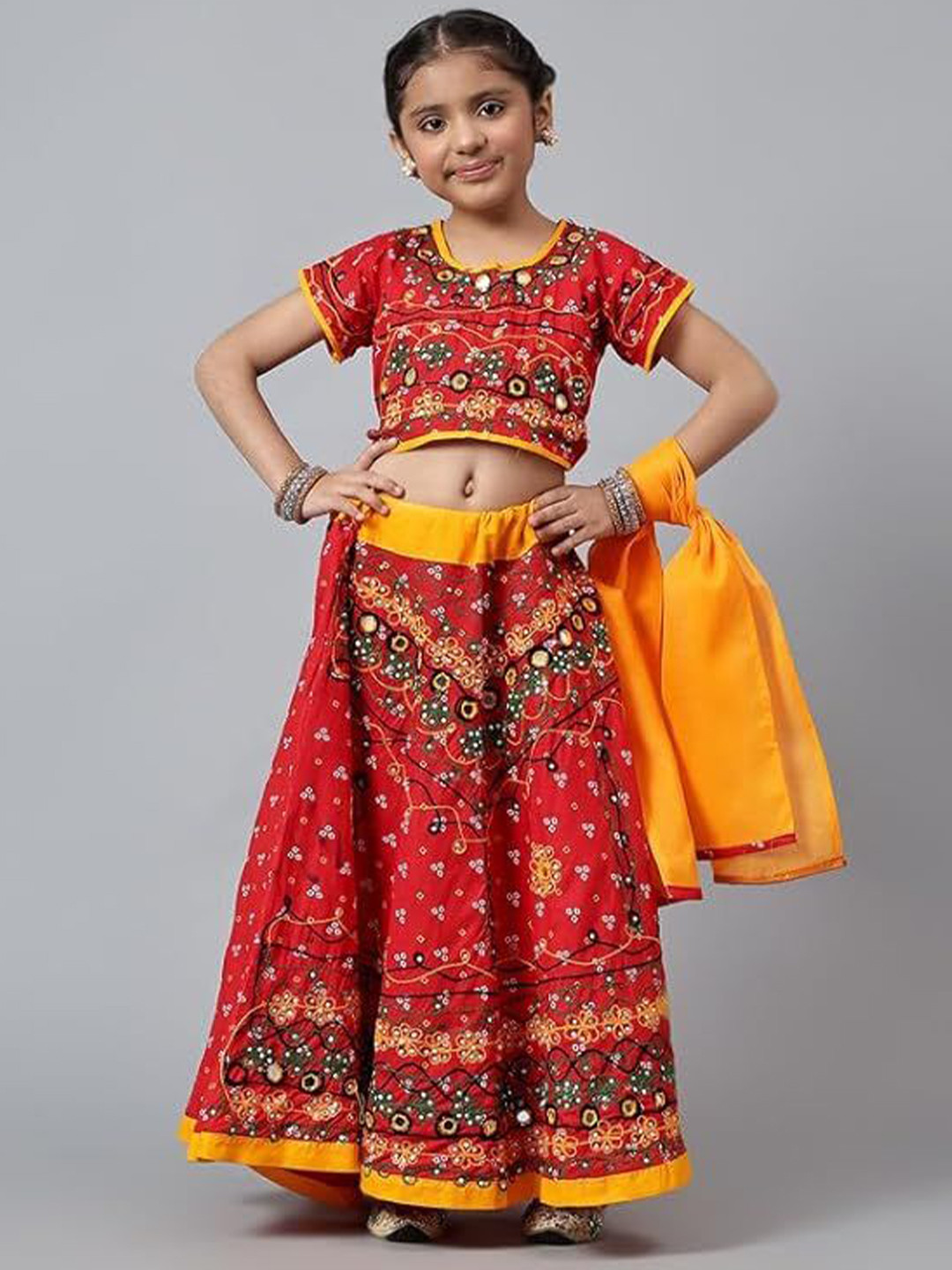 PK HUB Girls Embroidered Mirror Work Khari Print Ready to Wear Lehenga & Blouse With Dupatta