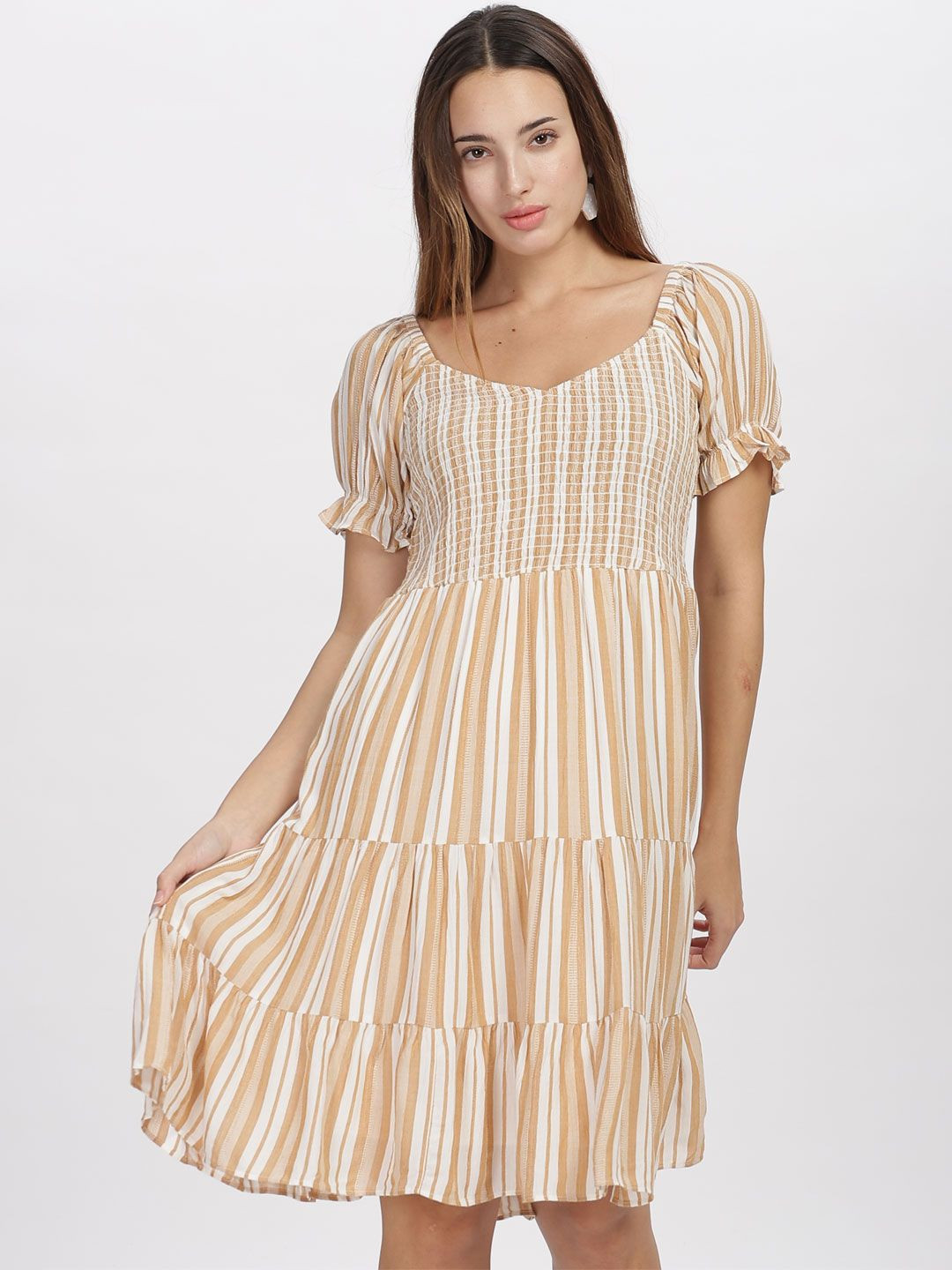 B BLUBERYL - Comfort Inside Out Striped Flutter Sleeve Crepe Fit & Flare Dress