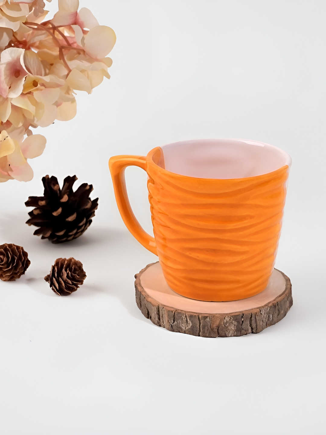 Storepedia Humming Bird Inspired Sliver Orange Textured Ceramic Microwave Safe 2 Piece Mugs-150ml