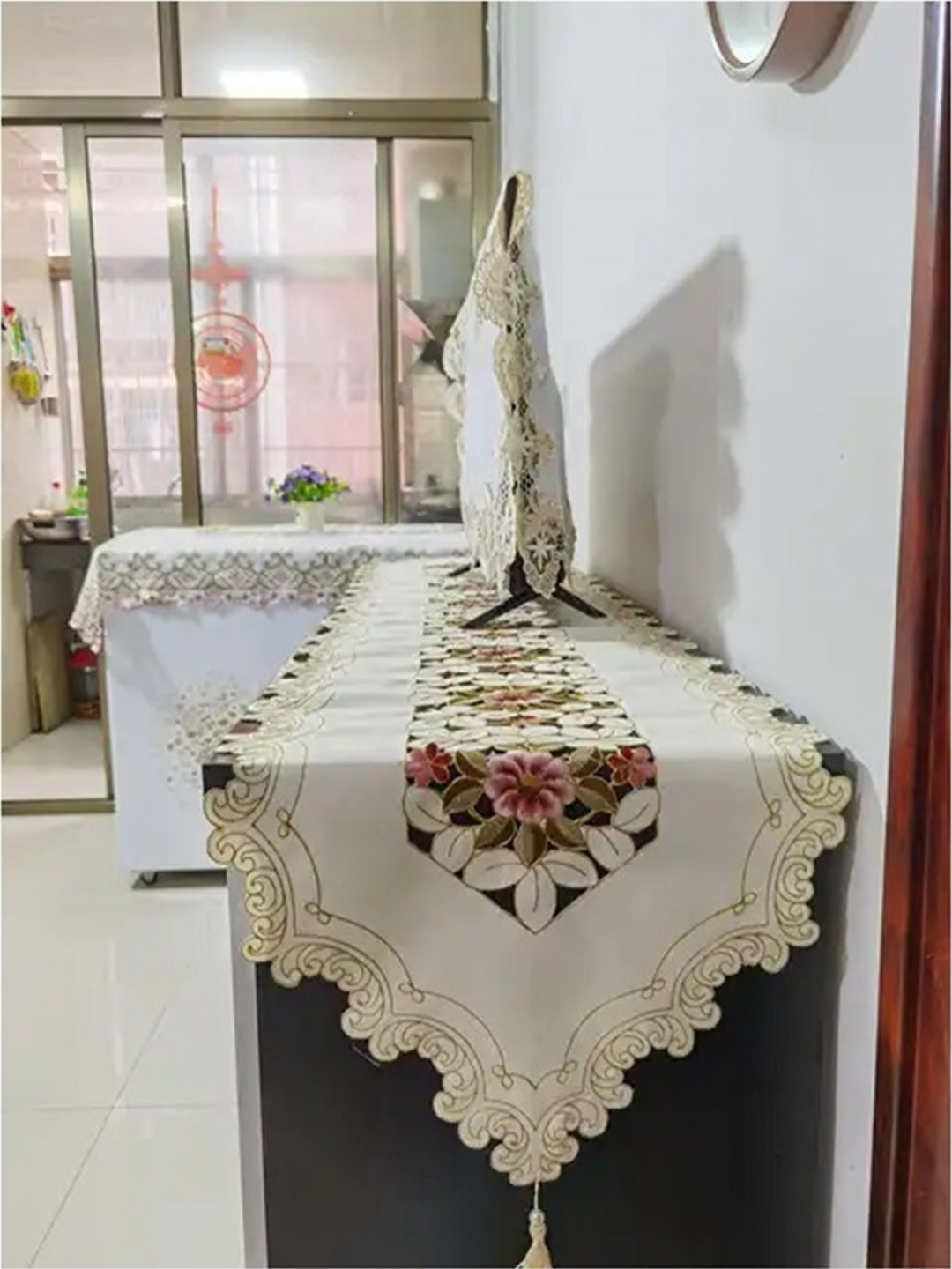 TANLOOMS Cream & Maroon Embroidery Cutwork Table Runner