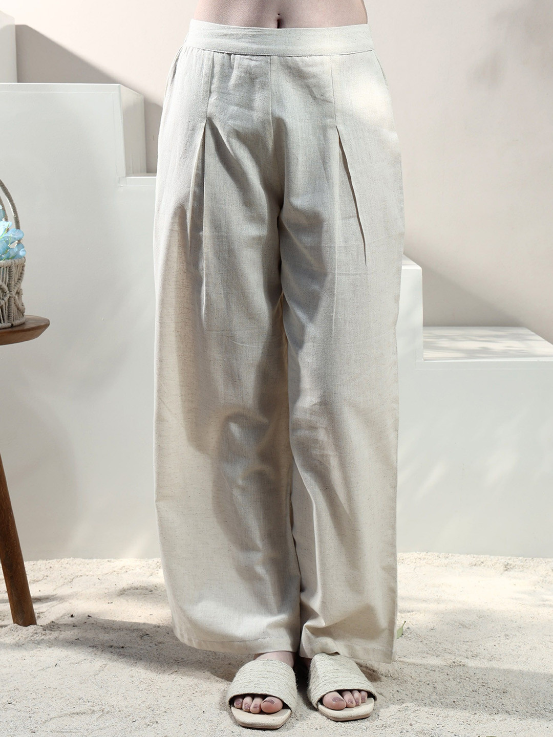 Boho By Athena Women Relaxed Straight Leg Straight Fit Easy Wash Pleated Trousers