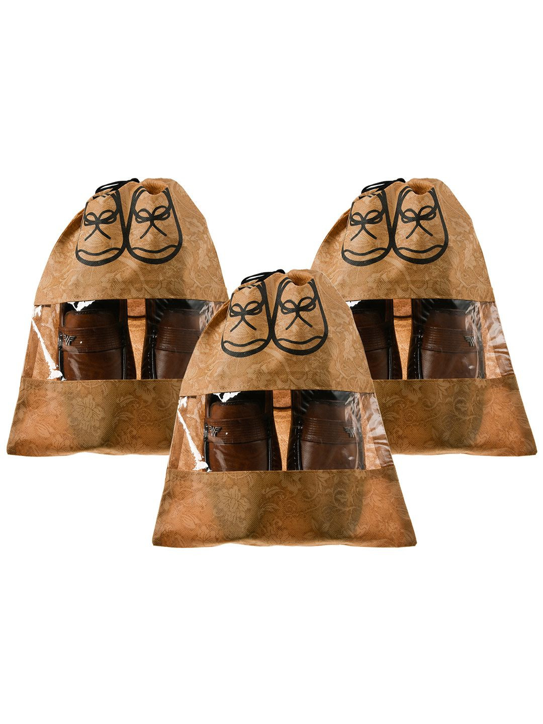 Kuber Industries Beige Set of 3 Transparent Front Drawstring Shoe Cover