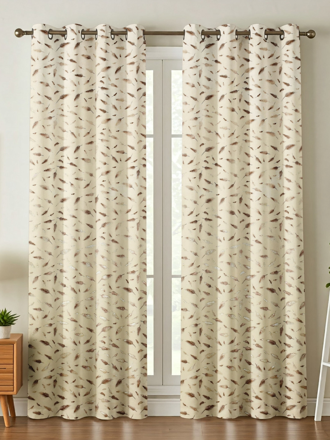 B' Decorlish Cream-Coloured & Brown Set of 2 Floral Door Curtain