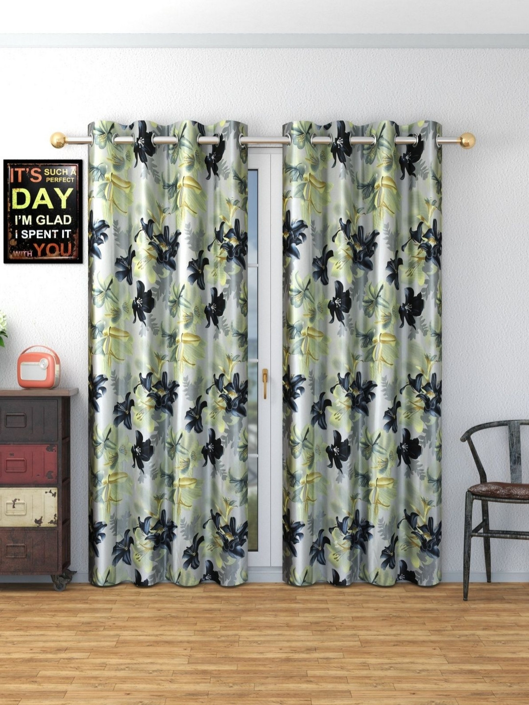 Galaxy Home Decor Green Set of 2 Floral Long Door Curtain