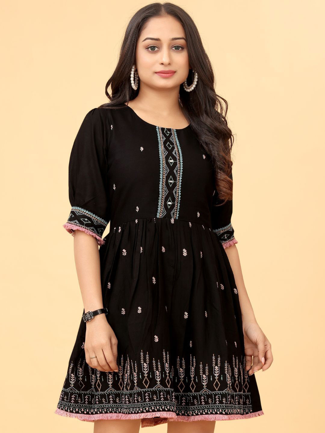 Kesudi Ethnic Motifs Embroidered Puff Sleeve A-Line Dress
