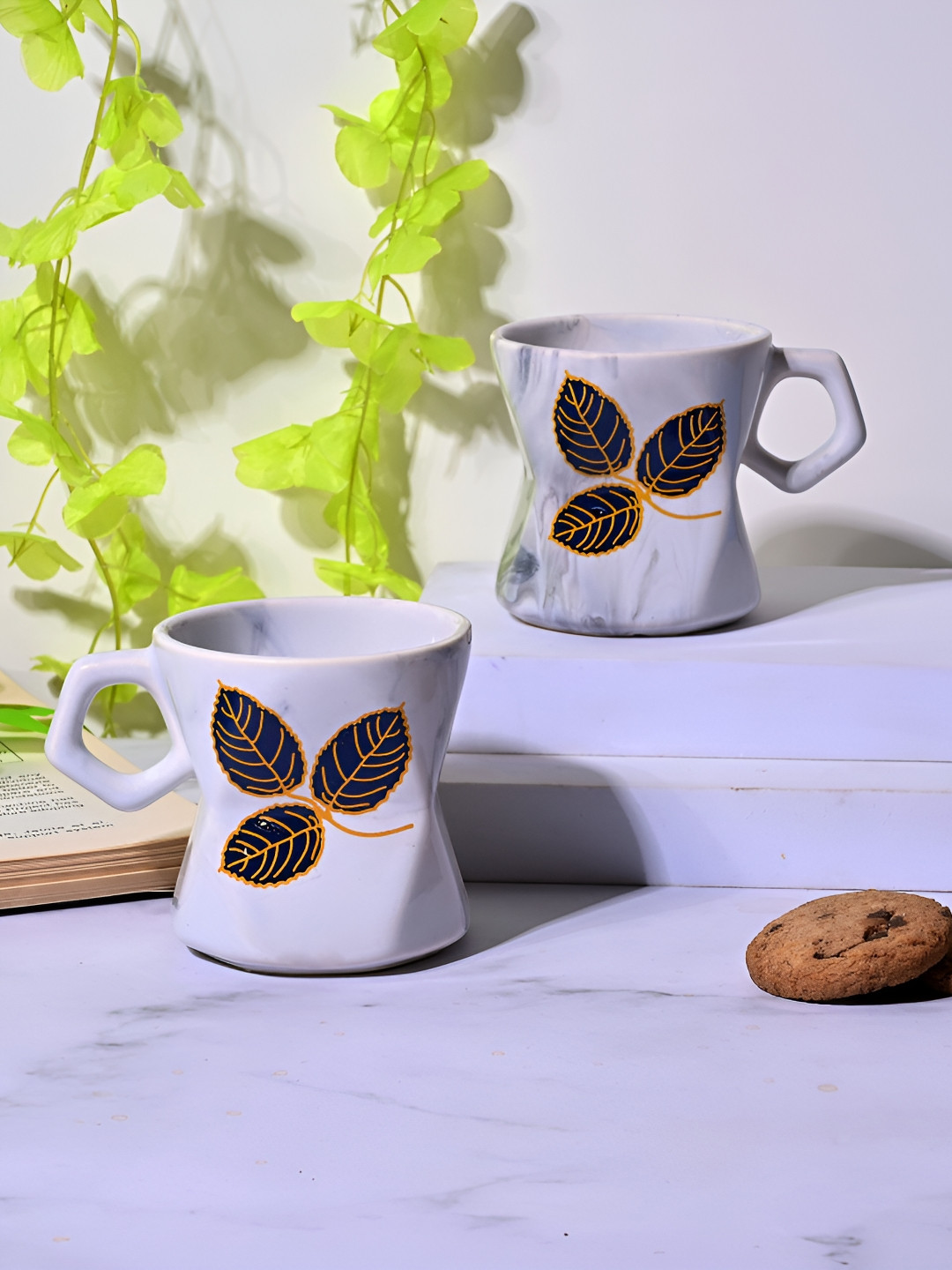 Storepedia Momentum 24K Gold Off White Leaf Ceramic Microwave Safe 6 Piece Cups-250ml