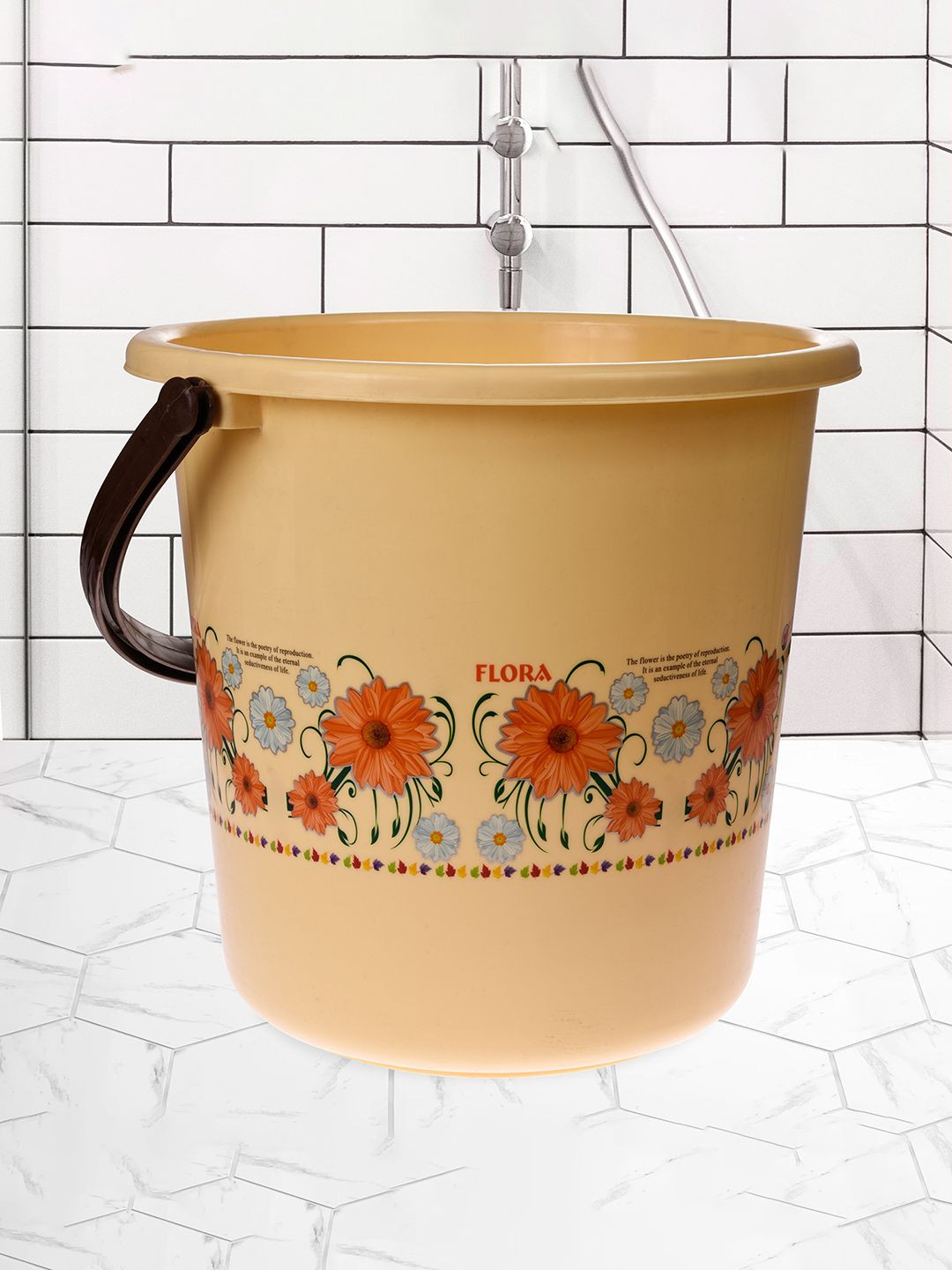 Kuber Industries Cream-Coloured & Orange Floral Plastic Bath Accessories Set