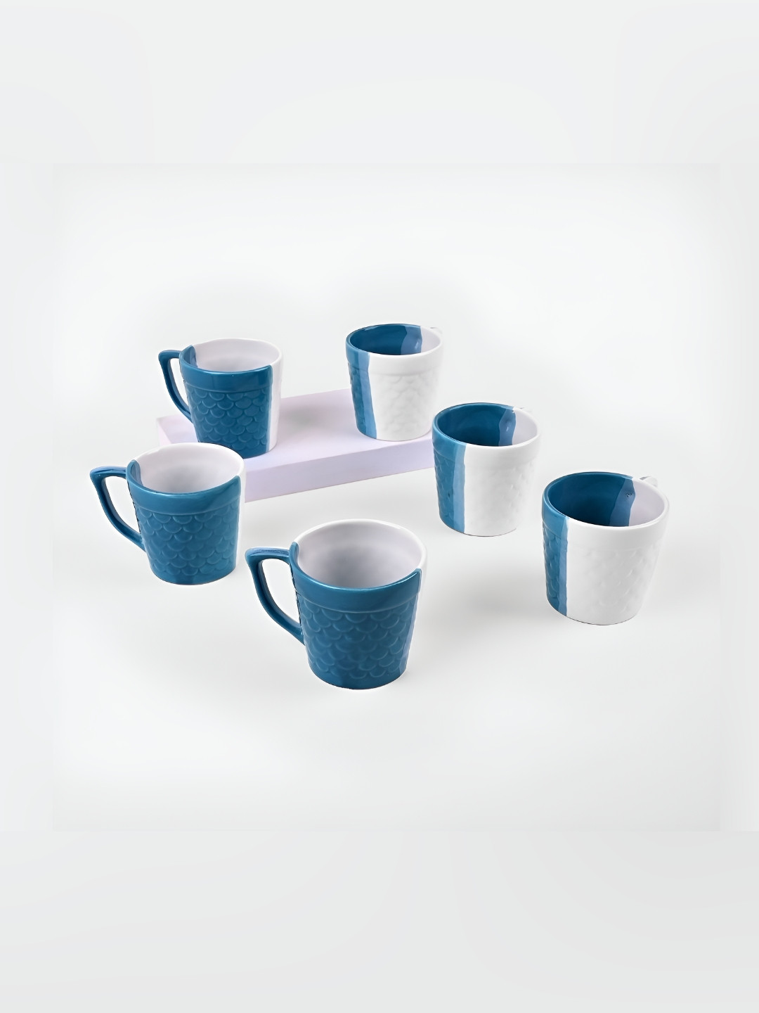 Storepedia Premia Series Kosmia Blue Colourblocked Ceramic Microwave Safe 6 Piece Mugs-150ml