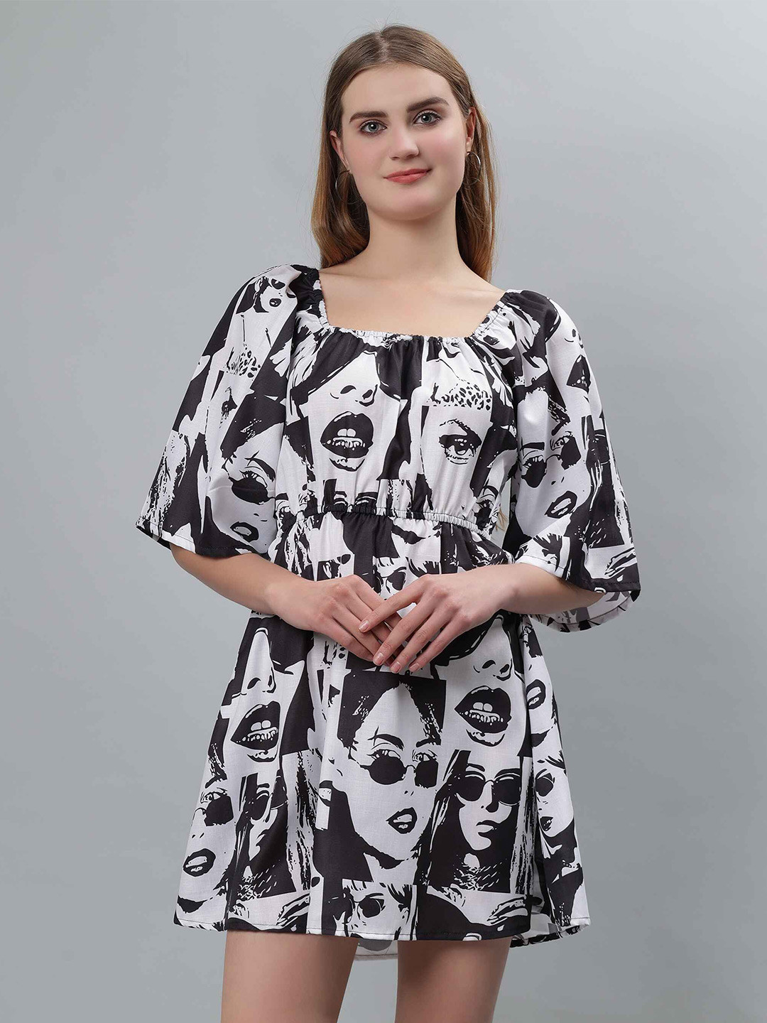 ETRAANA Graphic Print Flared Sleeve Fit & Flare Dress
