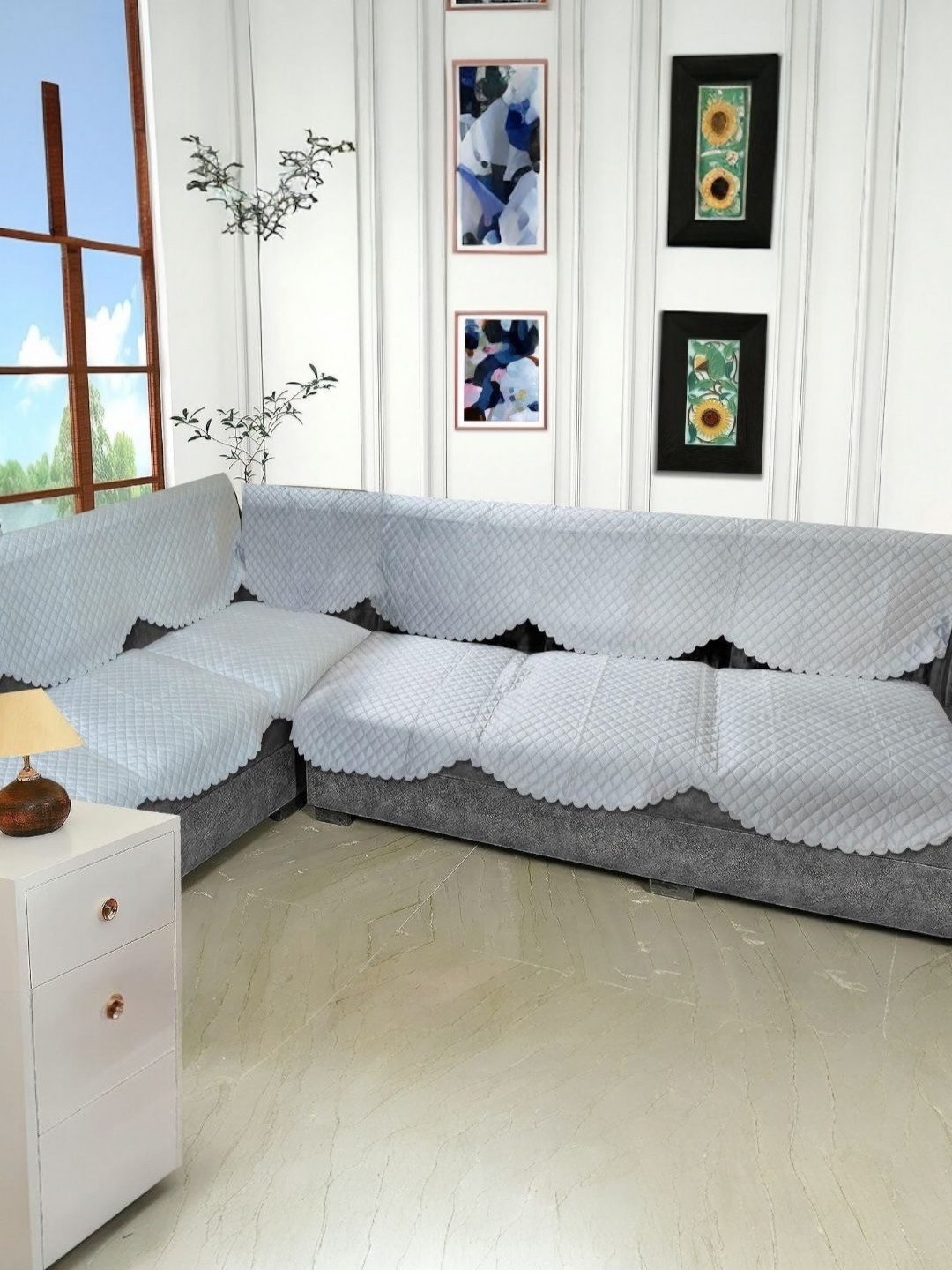 BIGGER FISH Grey Checked Velvet Sofa Cover