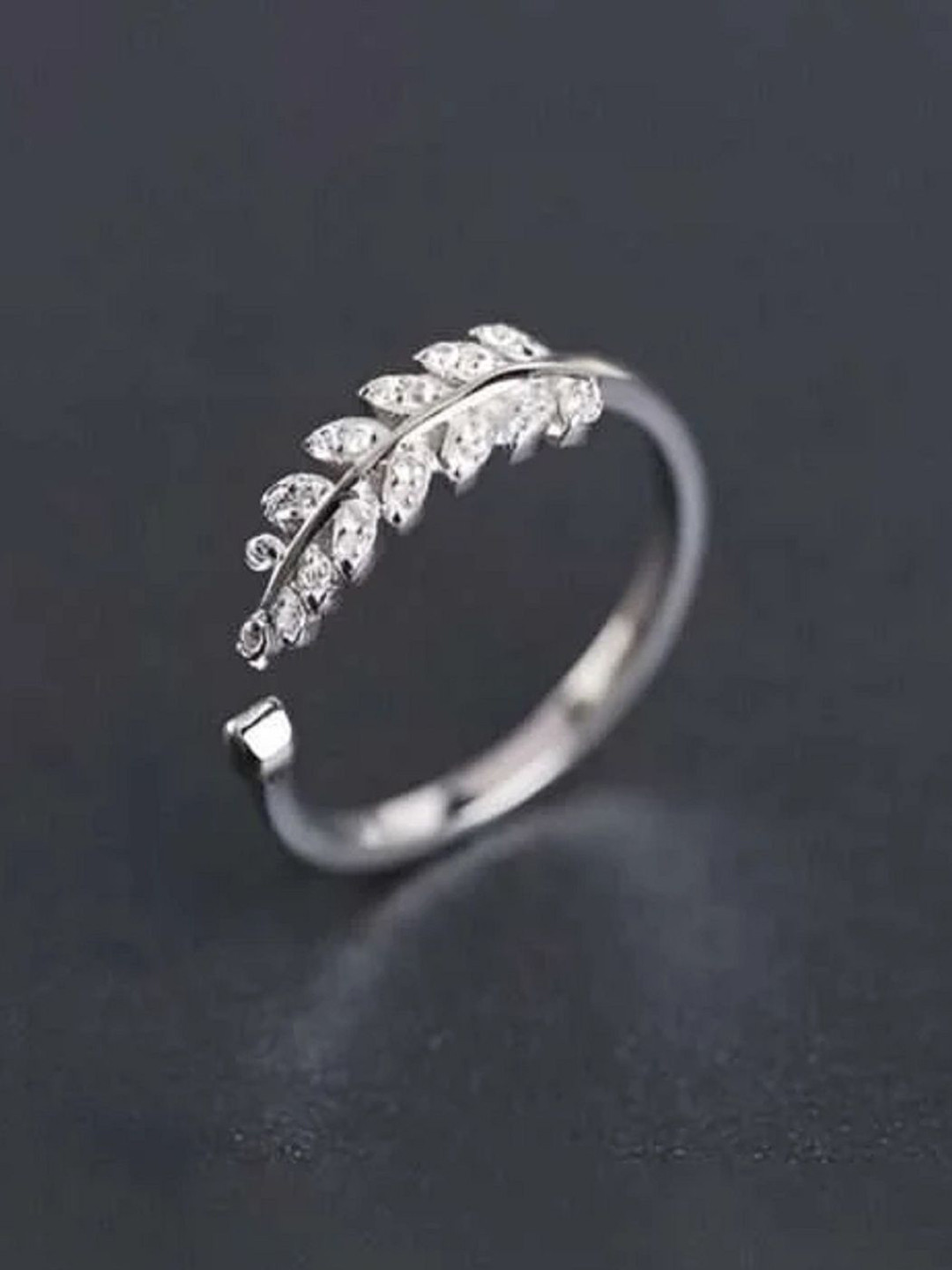 DressBerry Silver-Plated C-Z Studded Leaf Ring Silver