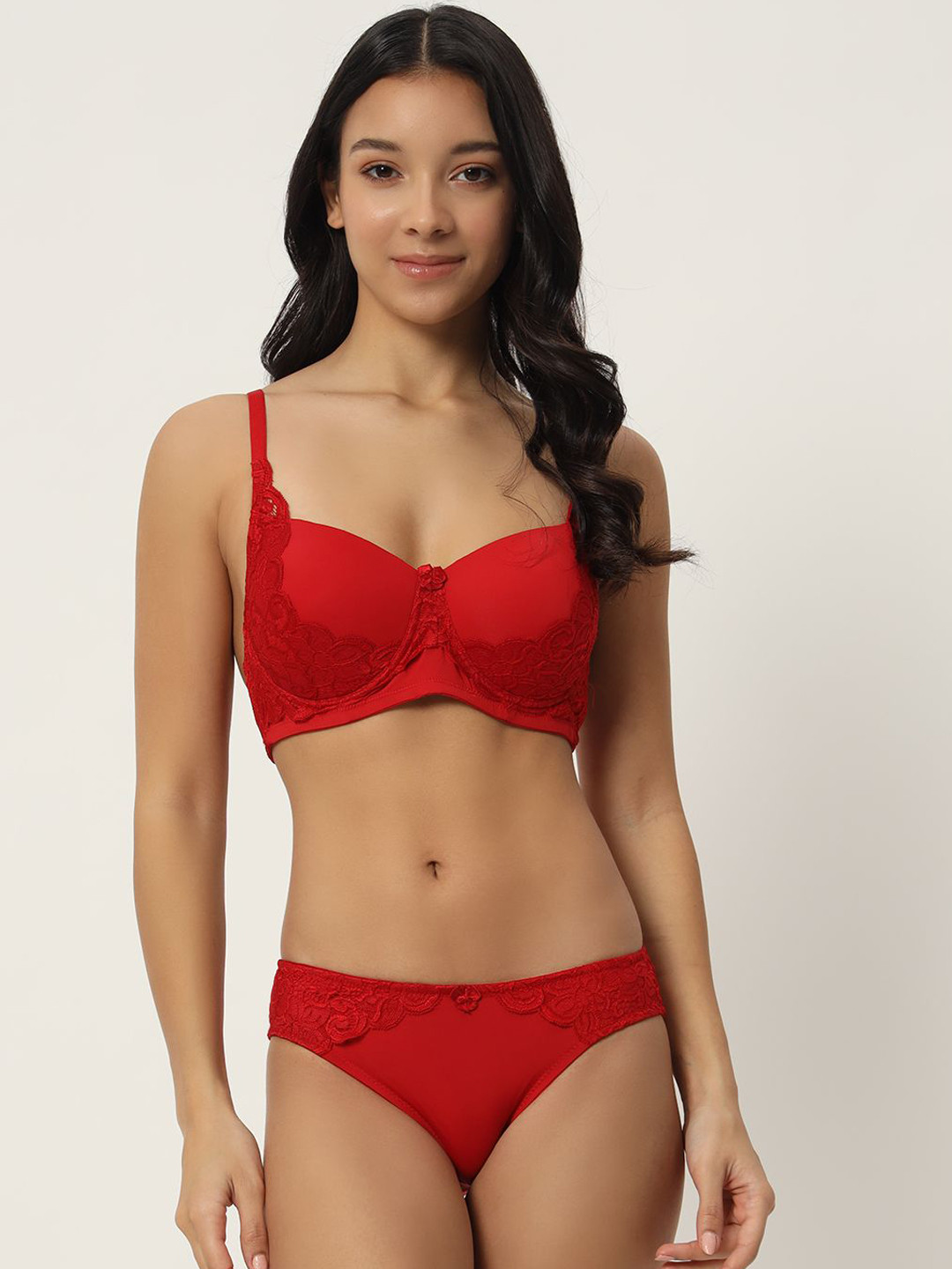EFFECTIN Lace Self Design Full Coverage Lightly Padded Lingerie Set-1278_Red