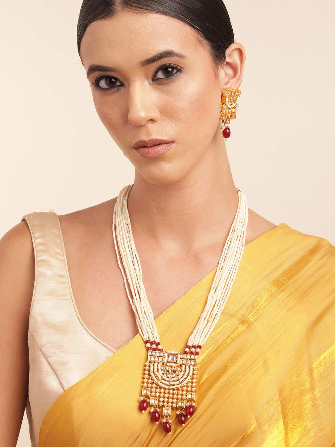 Anouk Pearl Gold Plated Artificial Stone Studded Beaded Layered Necklace & Earring Set