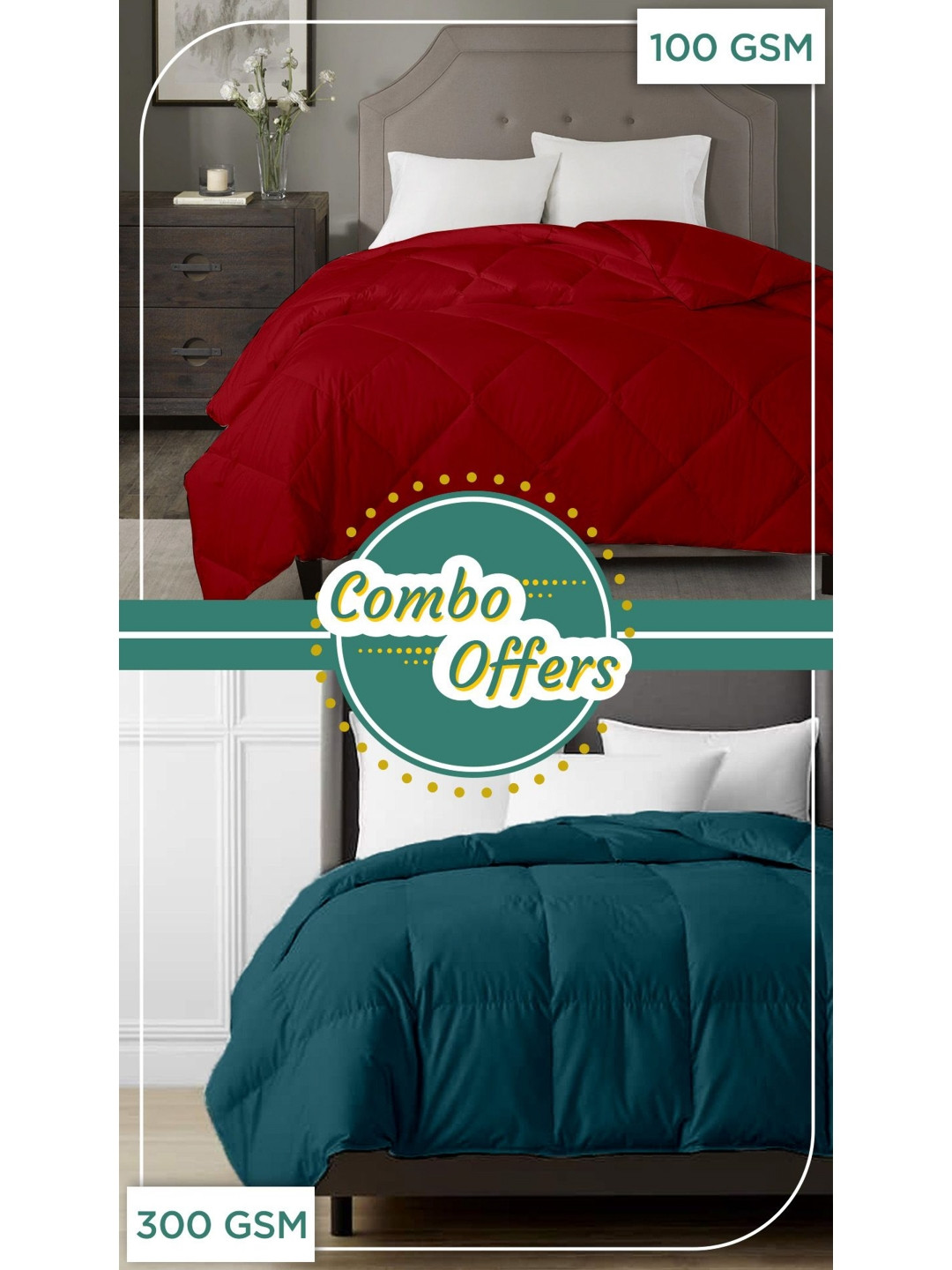 RAZZAI Maroon & Teal 2 Pieces AC Room 300 GSM Cotton Double Bed Blanket