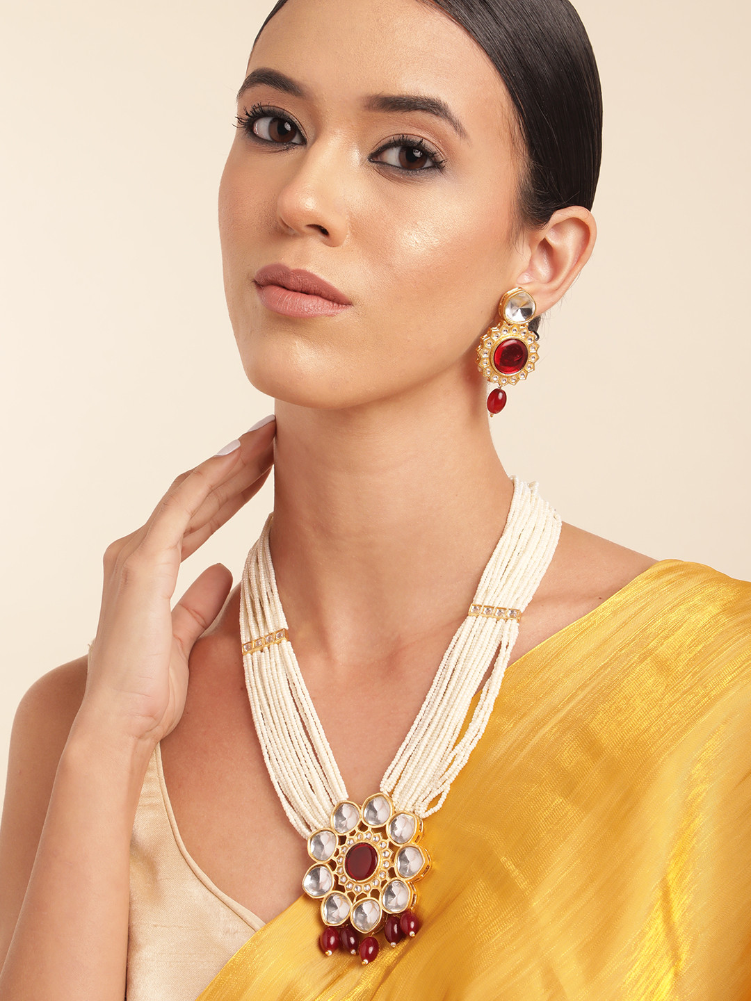 Anouk Pearl Gold Plated Artificial Stone Studded Beaded Layered Necklace & Earring Set