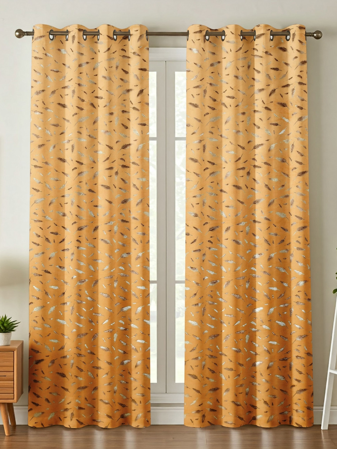 B' Decorlish Gold-Toned & White Set of 2 Floral Door Curtain