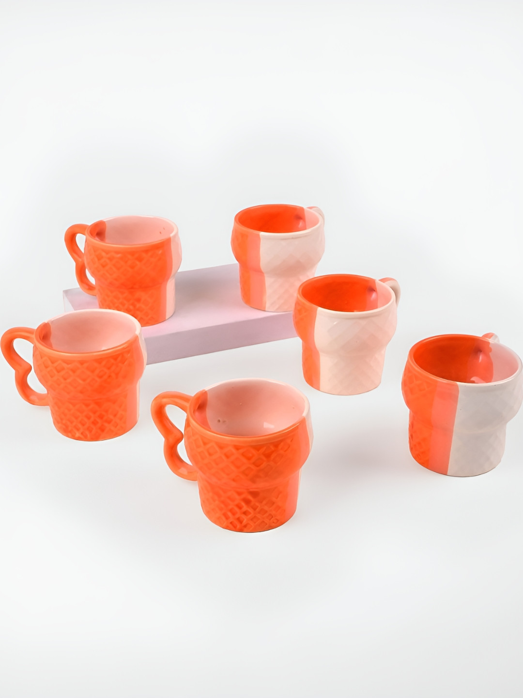 Storepedia Vibe High Orange Textured Ceramic Microwave Safe 6 Piece Cup-200ml