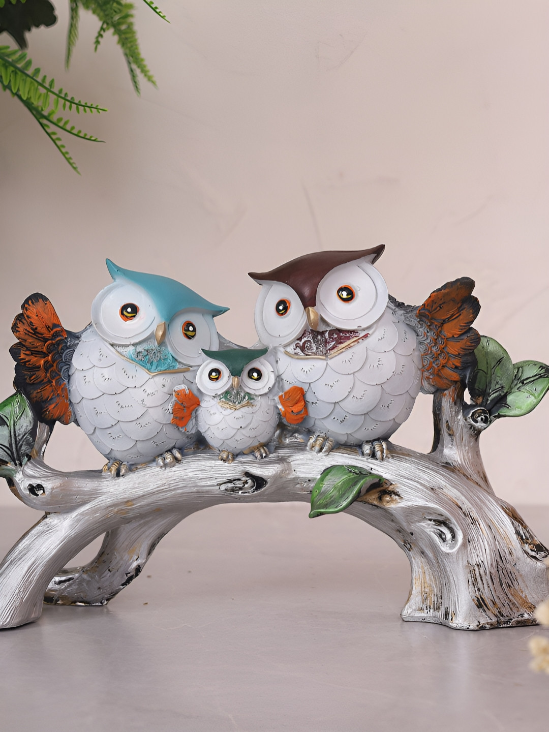 HOME 360 Owl Family on Branch Blue Polyresin Matte Home Office Tiny Showpiece -
