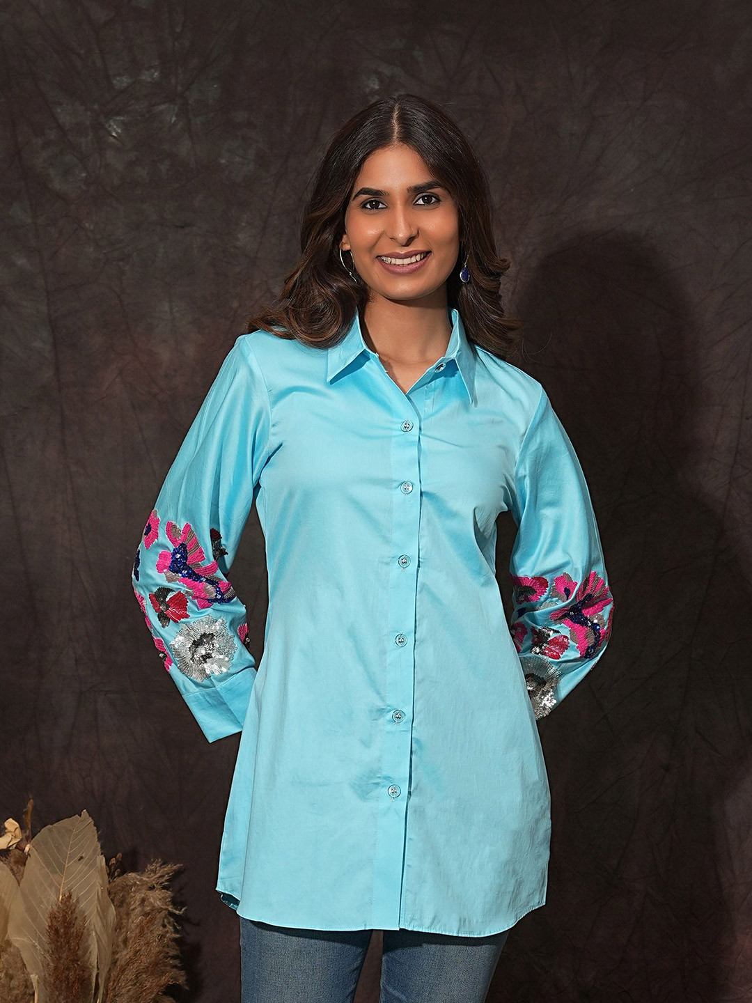 Golden Mirror Embellished Cotton Casual Shirt