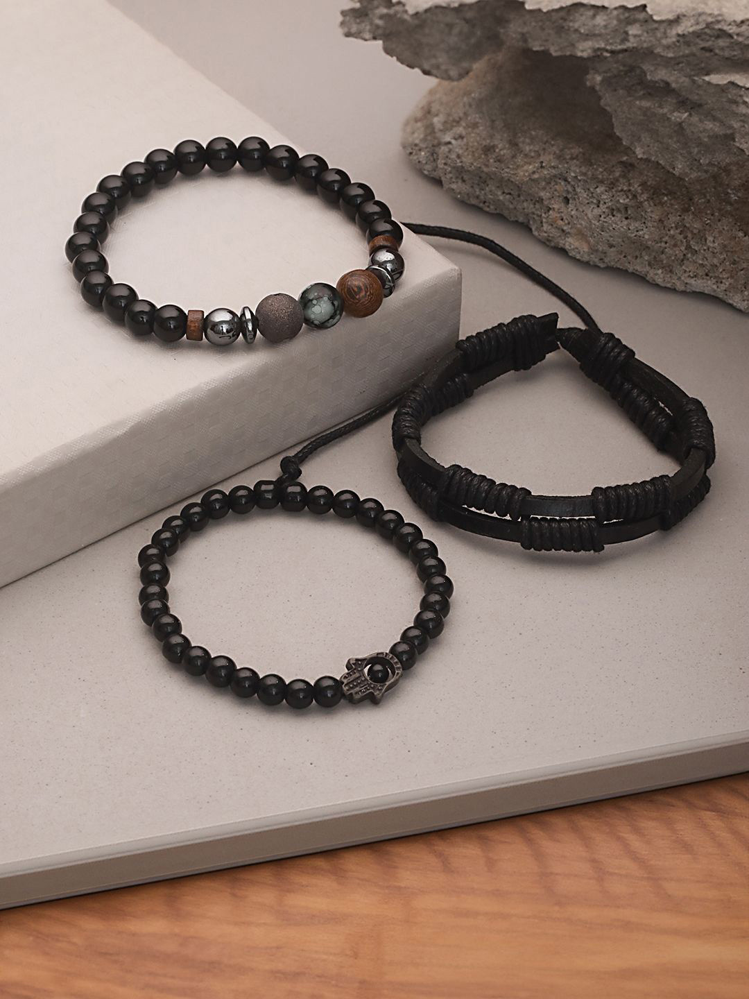 The Roadster Lifestyle Men Set of 3 Beads Elasticated Wraparound Bracelet