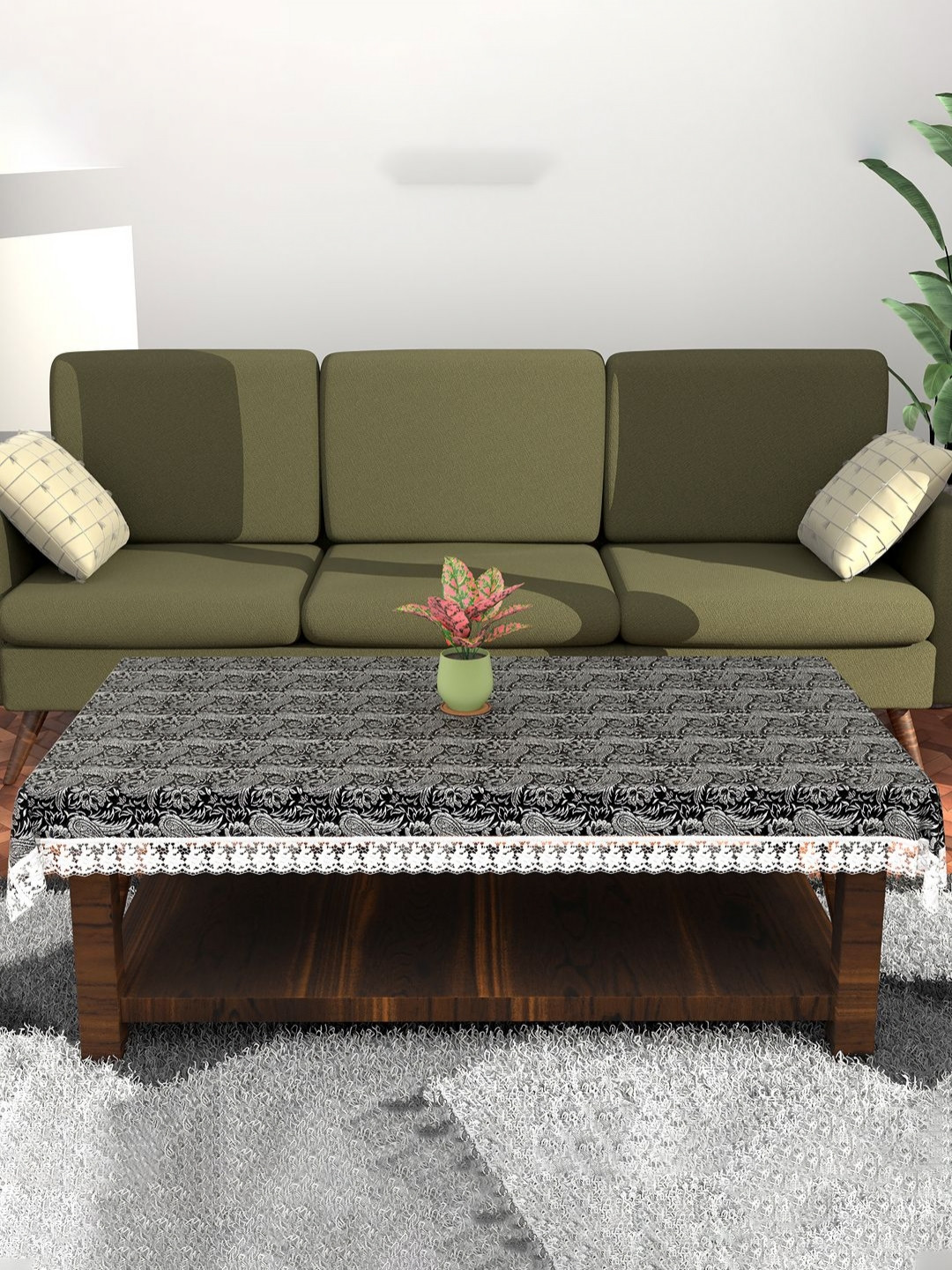 Aura Black Floral Plastic Durable & Wipeable Waterproof 4-Seater Centre Table Cover