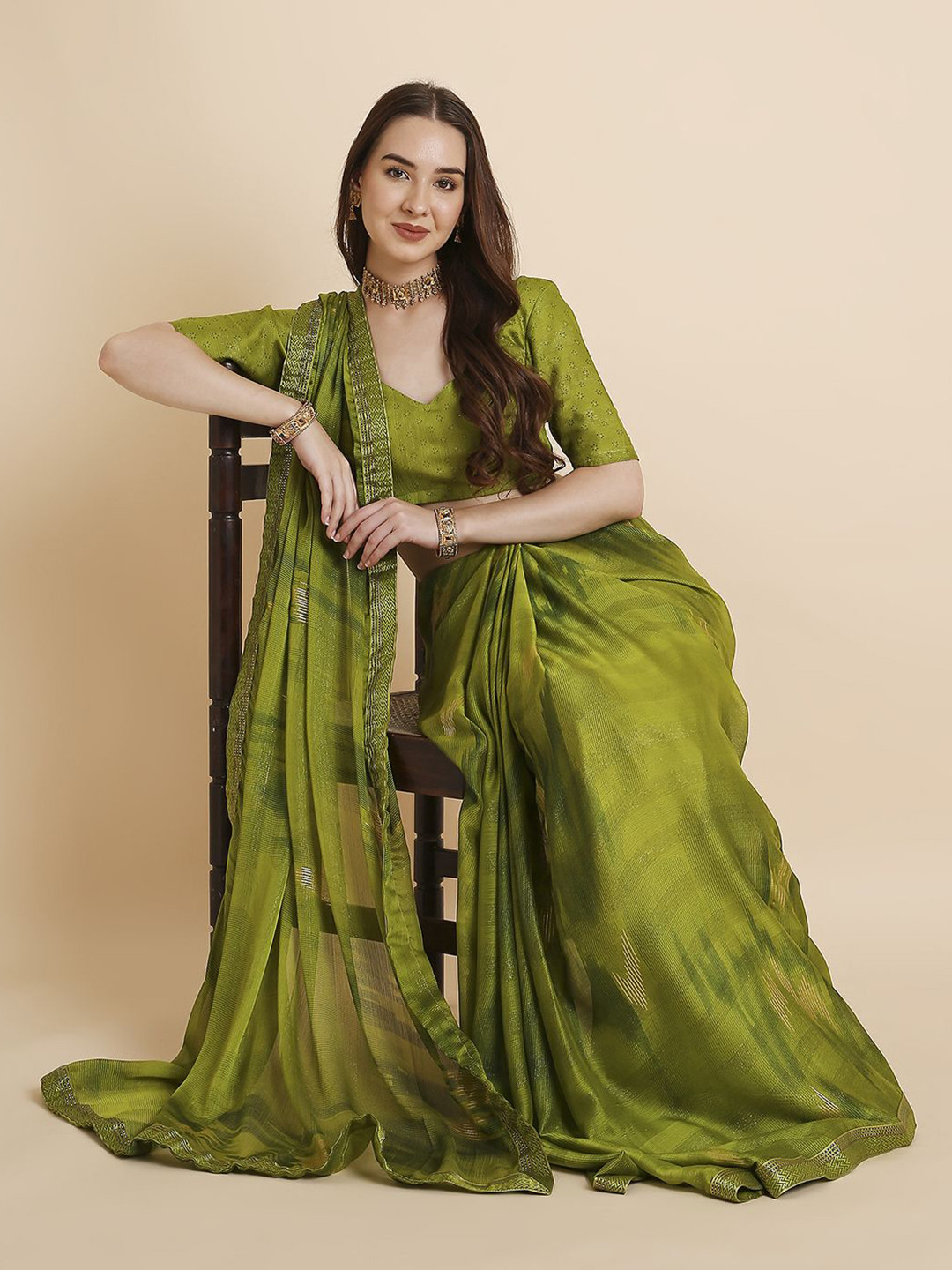 RATAN Striped Poly Chiffon Saree