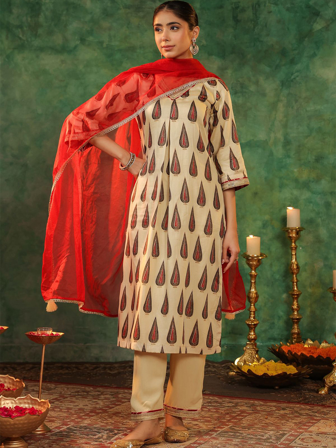 Rain & Rainbow Women Ethnic Motifs Printed Regular Beads and Stones Kurta with Trousers & With Dupatta