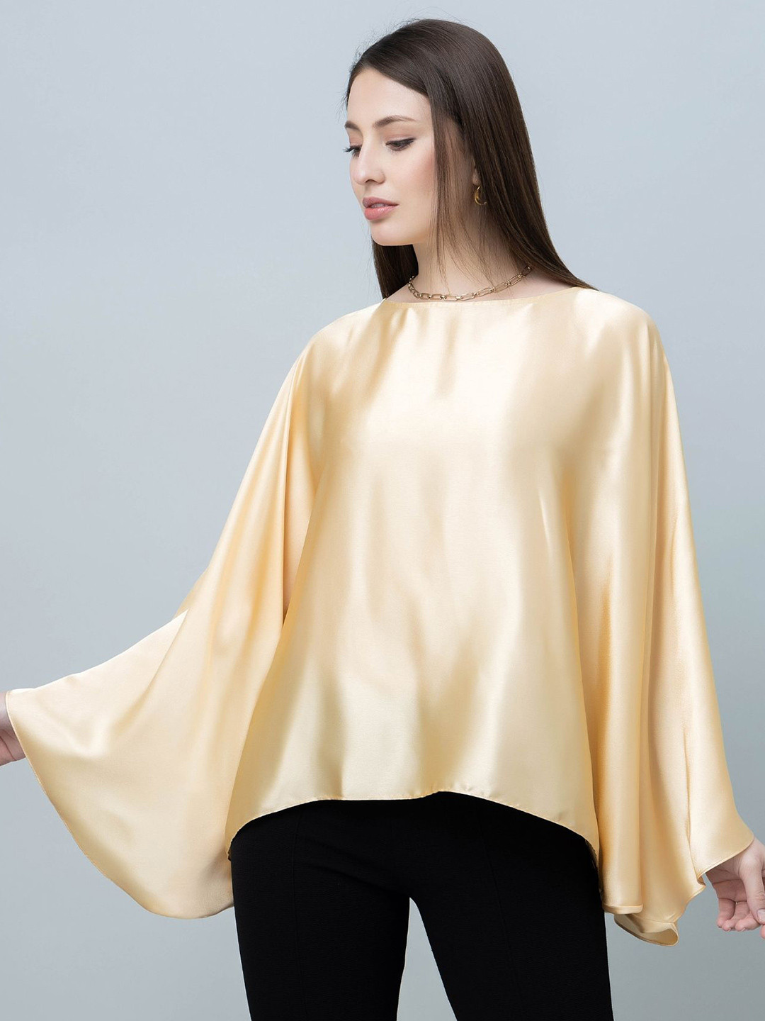 PURYS Batwing Sleeve Sheen Satin Top