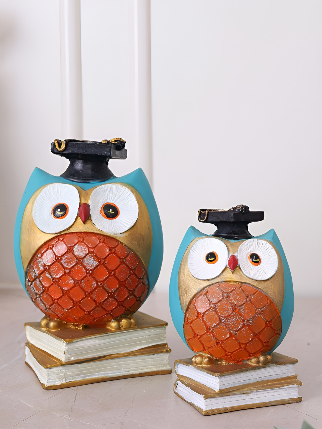 HOME 360 Owls Blue Polyresin Glossy Living Room Set of 2 Small Showpieces - 6.7 Inches