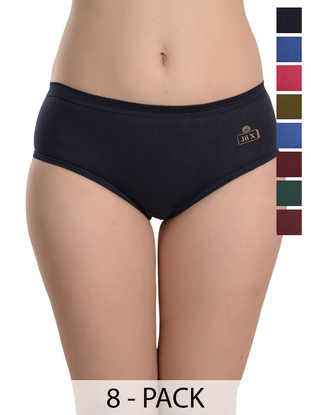 JIL X Pack Of 8 Cotton Mid Rise Hipster Briefs-MY-JILX-PLAIN-OE-8PC